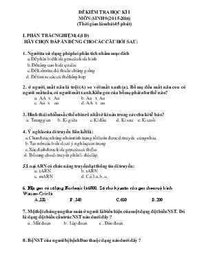 Đề kiểm tra học kì I môn sinh 9 (2015-2016) (thời gian làm bài 45 phút)